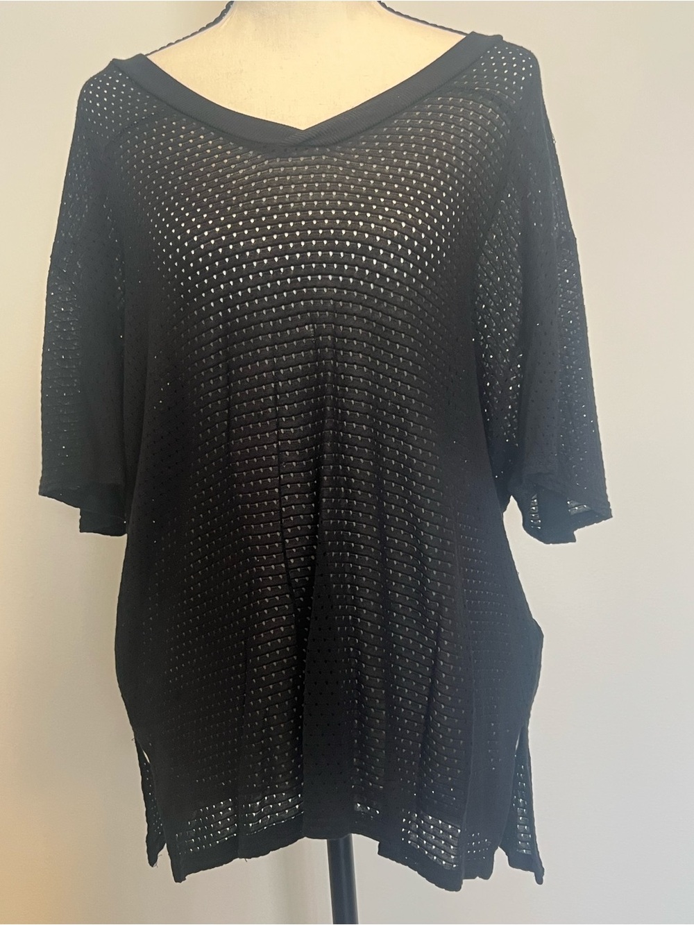 FP Movement Black Openwork V-Neck Top | Oversized